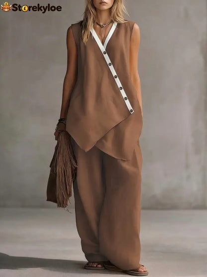 Bohemian V-Neck Irregular Button Vest Wide-Leg Pants Casual Suit - Caramel color / S