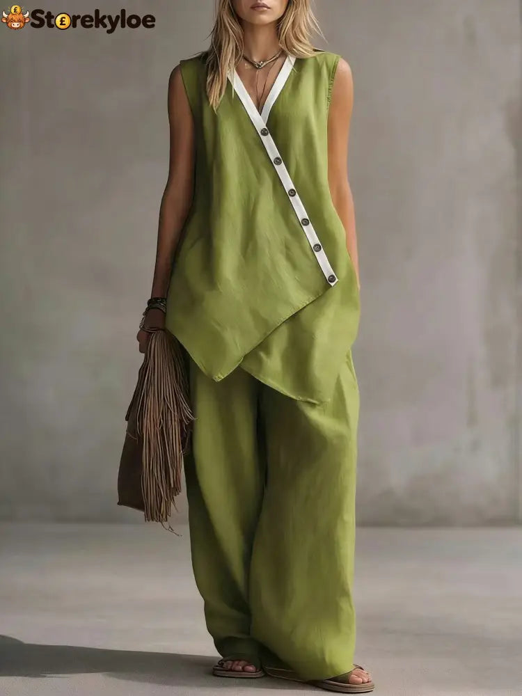 Bohemian V-Neck Irregular Button Vest Wide-Leg Pants Casual Suit - Matcha color / S