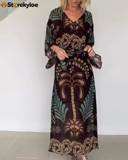 Bohemian V-Neck Loose Dress - Coffee / S