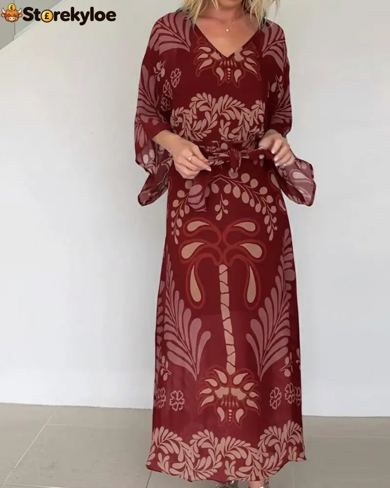 Bohemian V-Neck Loose Dress - Red / S