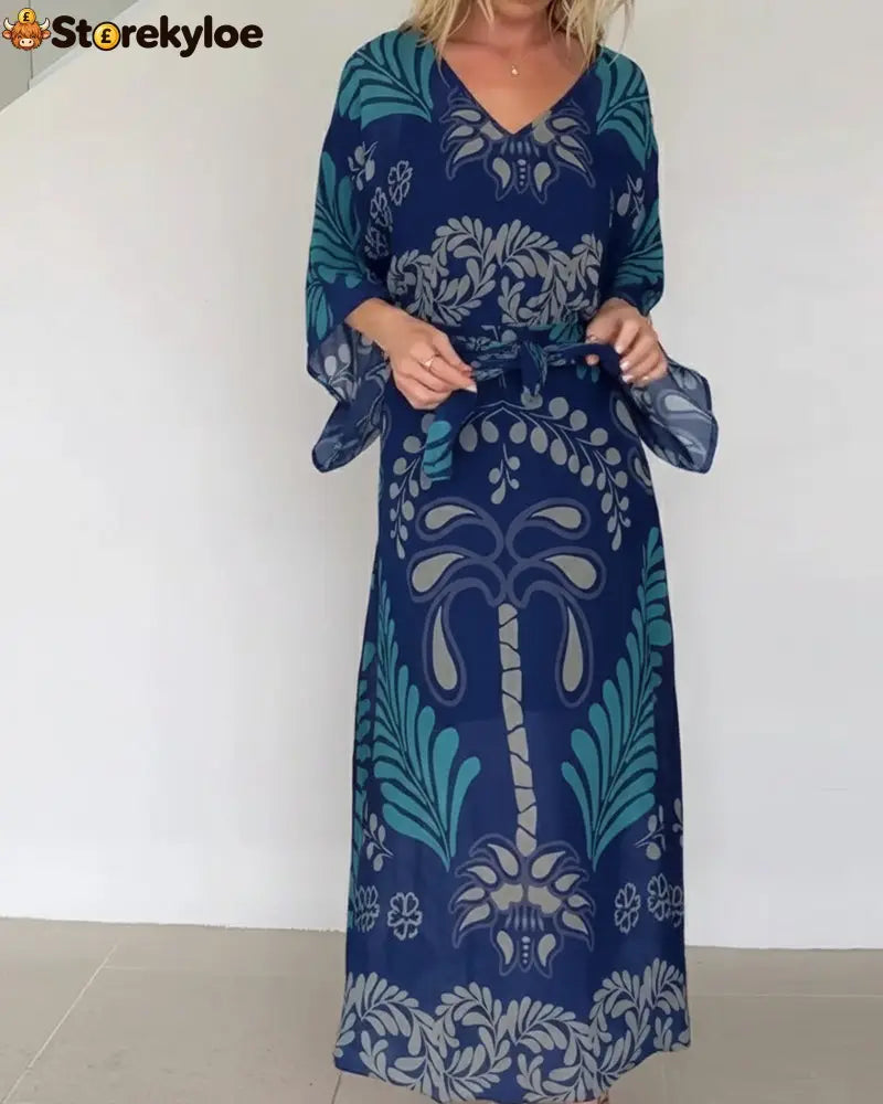 Bohemian V-Neck Loose Dress - Royal Blue / S