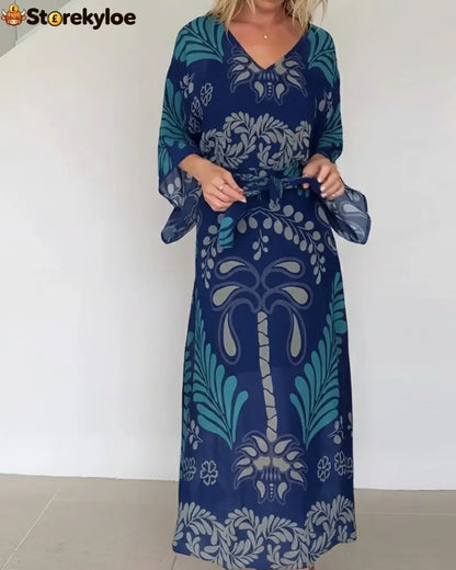 Bohemian V-Neck Loose Dress - Royal Blue / S