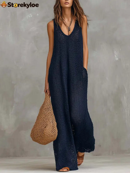 Bohemian Vacation Knitted Jumpsuit - Navy Blue / XS
