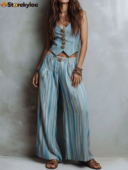 Boho Blue Striped Vest & Wide-Leg Pant Set