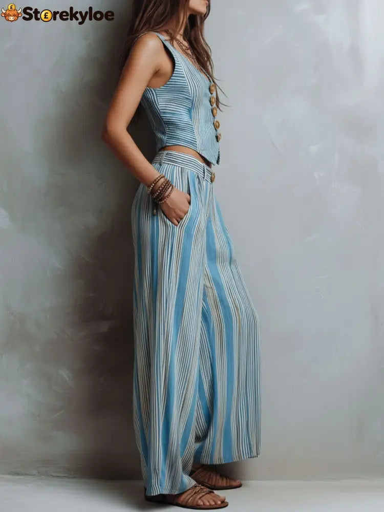 Boho Blue Striped Vest & Wide-Leg Pant Set