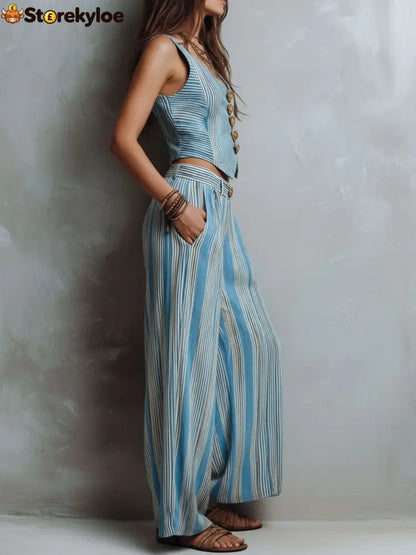 Boho Blue Striped Vest & Wide-Leg Pant Set