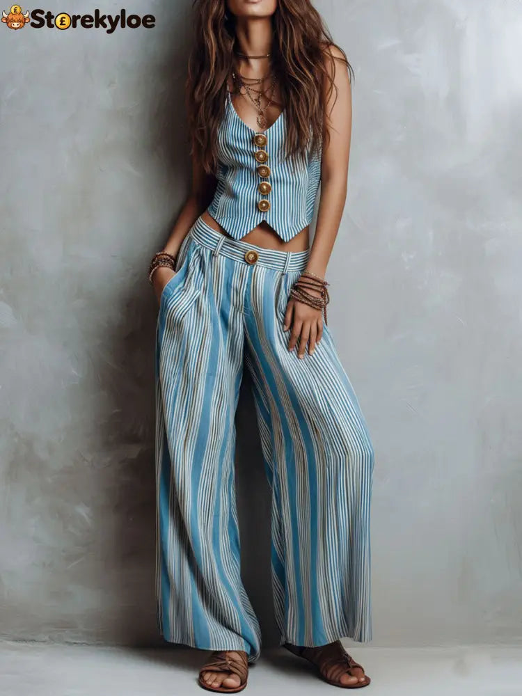 Boho Blue Striped Vest & Wide-Leg Pant Set