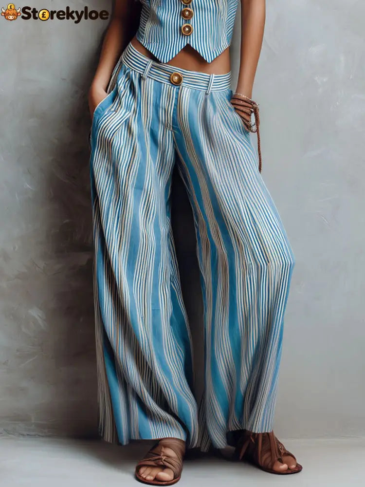 Boho Blue Striped Vest & Wide-Leg Pant Set