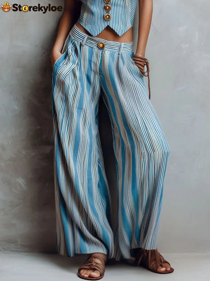 Boho Blue Striped Vest & Wide-Leg Pant Set