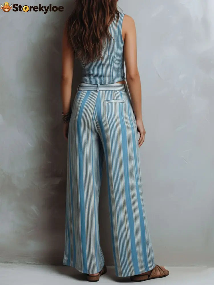 Boho Blue Striped Vest & Wide-Leg Pant Set