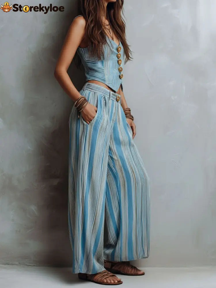 Boho Blue Striped Vest & Wide-Leg Pant Set