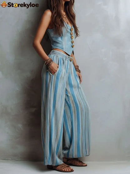 Boho Blue Striped Vest & Wide-Leg Pant Set