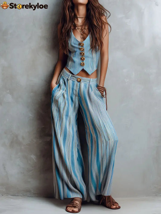 Boho Blue Striped Vest & Wide-Leg Pant Set - Blue / XS