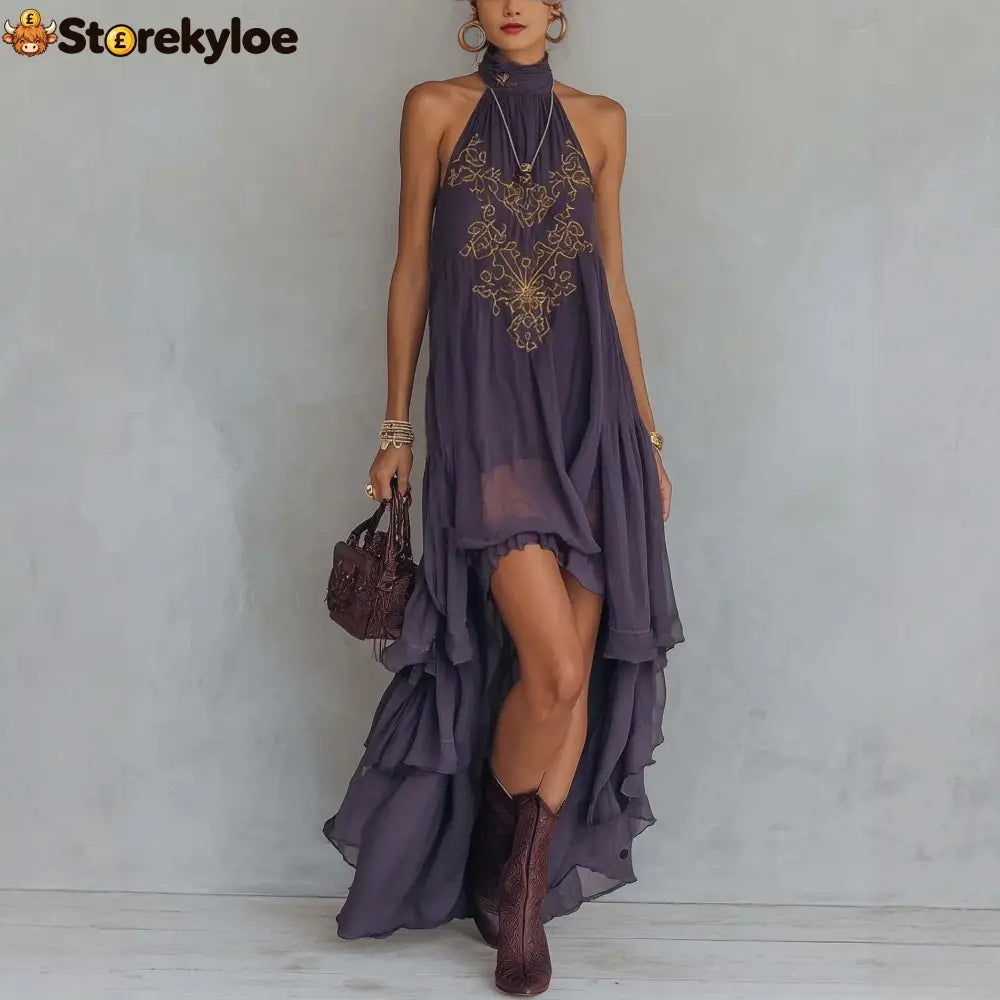 Boho Embroidered High-Low Halter Maxi Dress