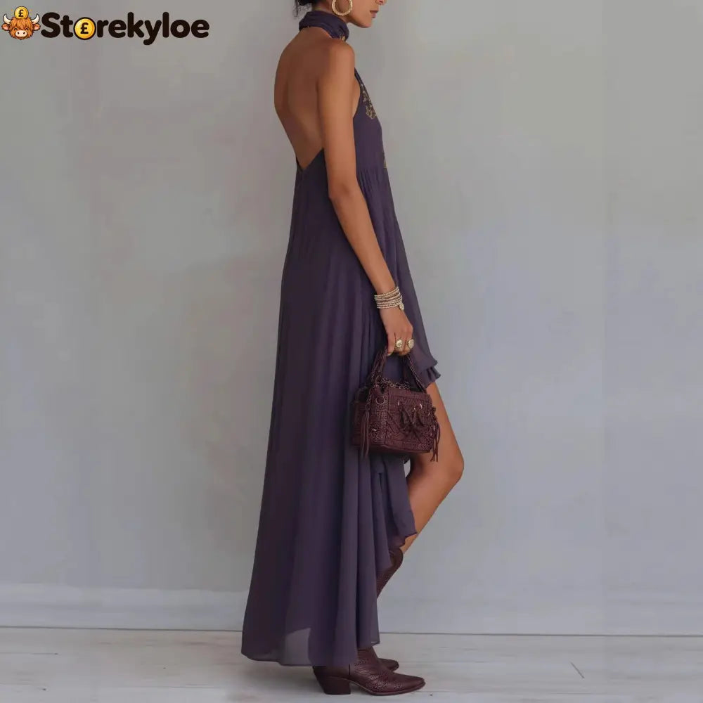 Boho Embroidered High-Low Halter Maxi Dress