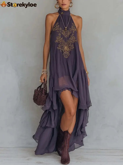 Boho Embroidered High-Low Halter Maxi Dress - Deep purple / S