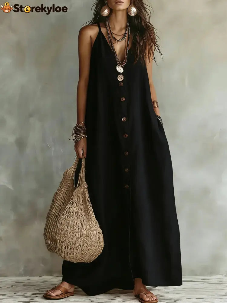 Boho Linen Maxi Dress: Effortless Summer Style - Black / S