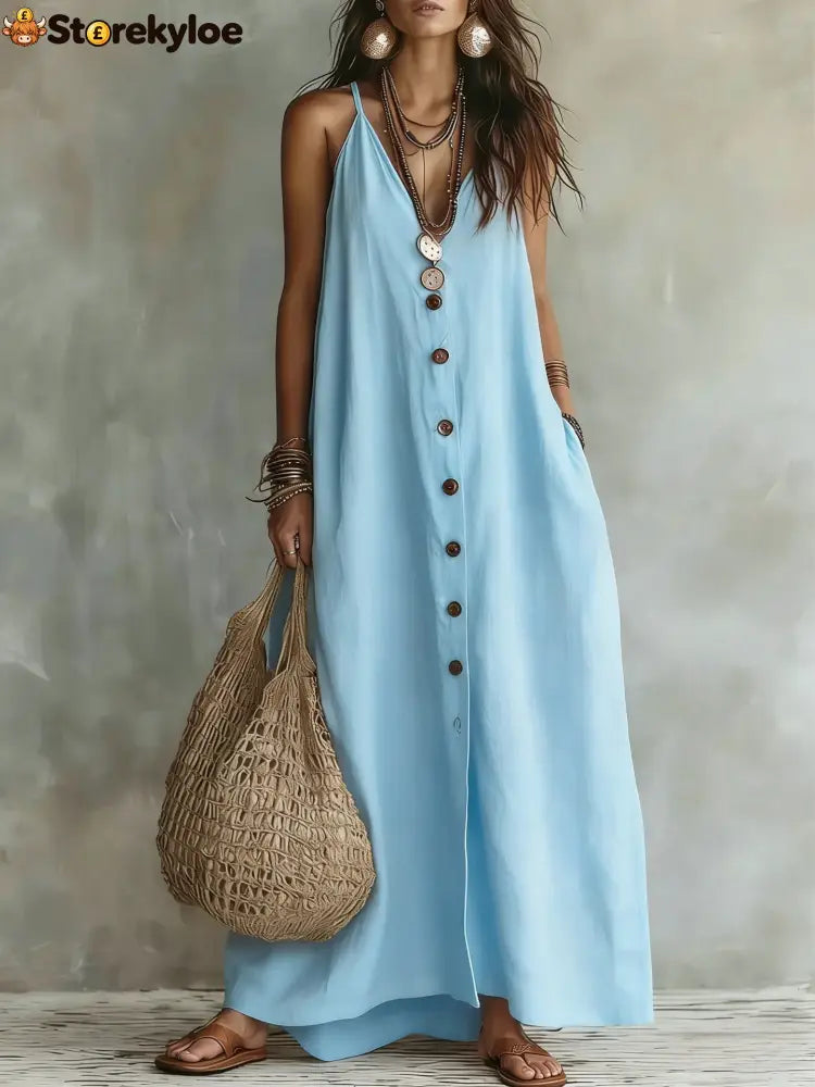 Boho Linen Maxi Dress: Effortless Summer Style - Blue / S