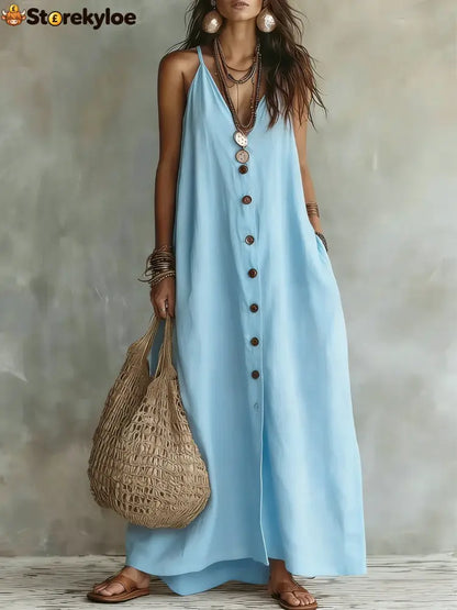 Boho Linen Maxi Dress: Effortless Summer Style - Blue / S