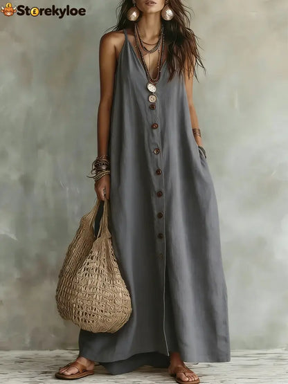 Boho Linen Maxi Dress: Effortless Summer Style - Gray / S