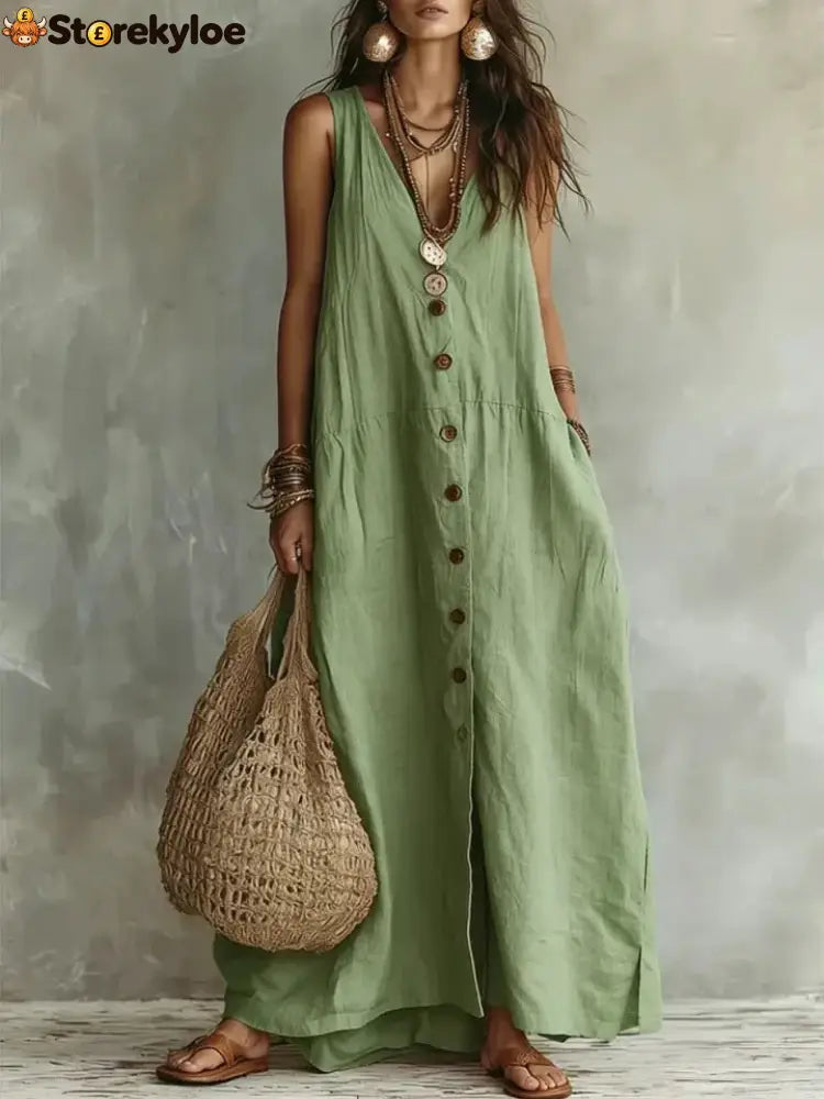 Boho Linen Maxi Dress: Effortless Summer Style - Green / S