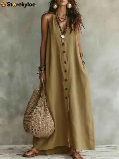 Boho Linen Maxi Dress: Effortless Summer Style - Khaki / S