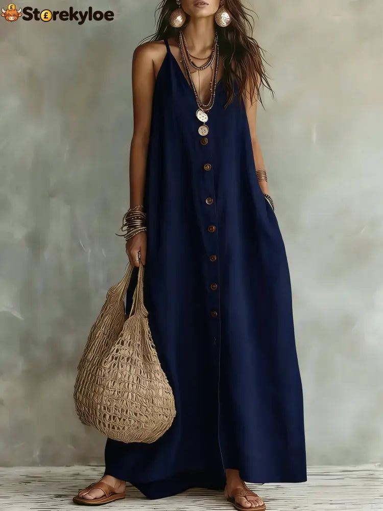 Boho Linen Maxi Dress: Effortless Summer Style - Navy / S