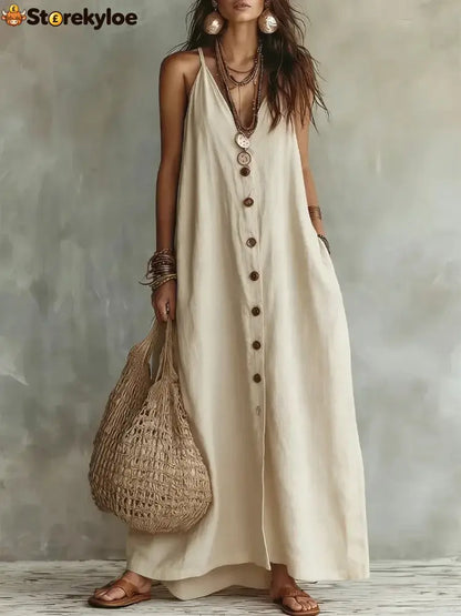 Boho Linen Maxi Dress: Effortless Summer Style - Off white / S