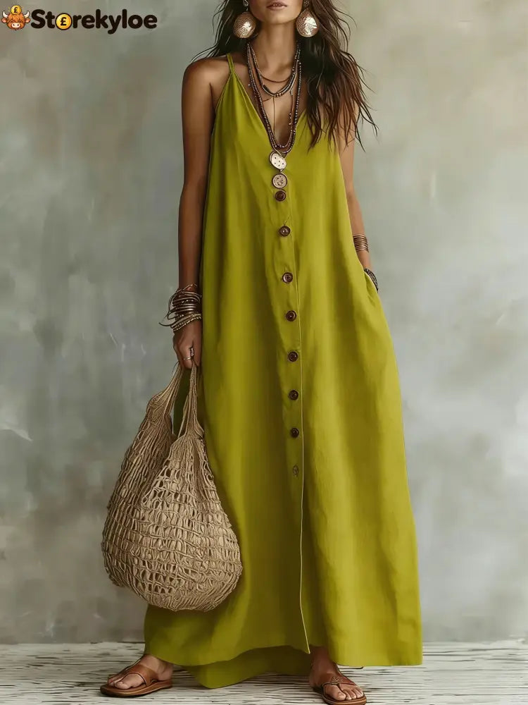 Boho Linen Maxi Dress: Effortless Summer Style - Olive / S