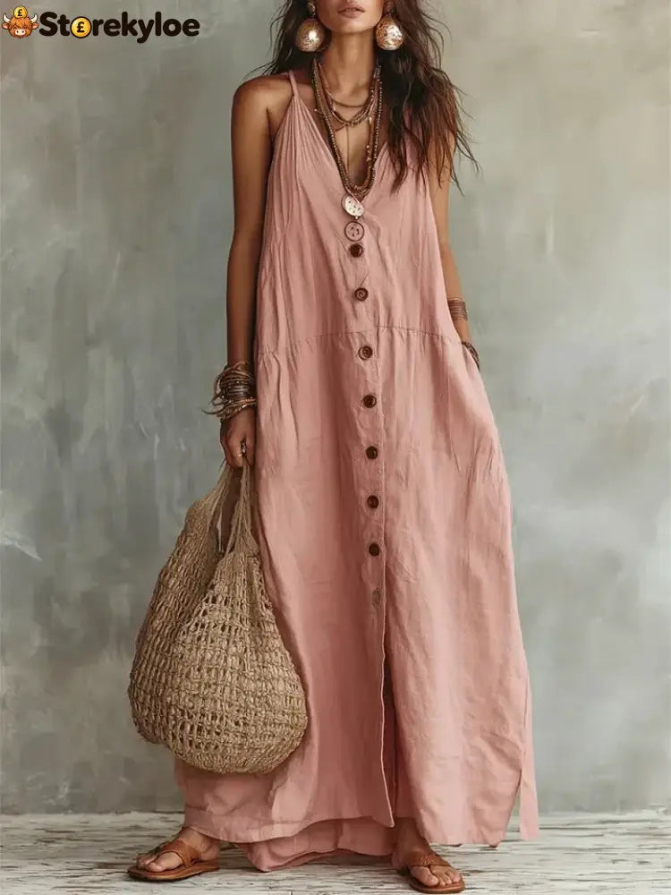 Boho Linen Maxi Dress: Effortless Summer Style - Pink / S