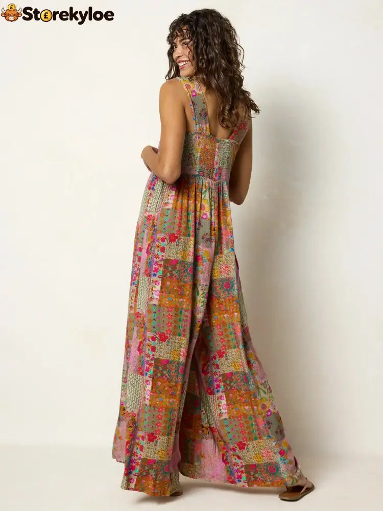 🌼 Boho Patchwork Floral Wide-Leg Jumpsuit (XL-5XL)