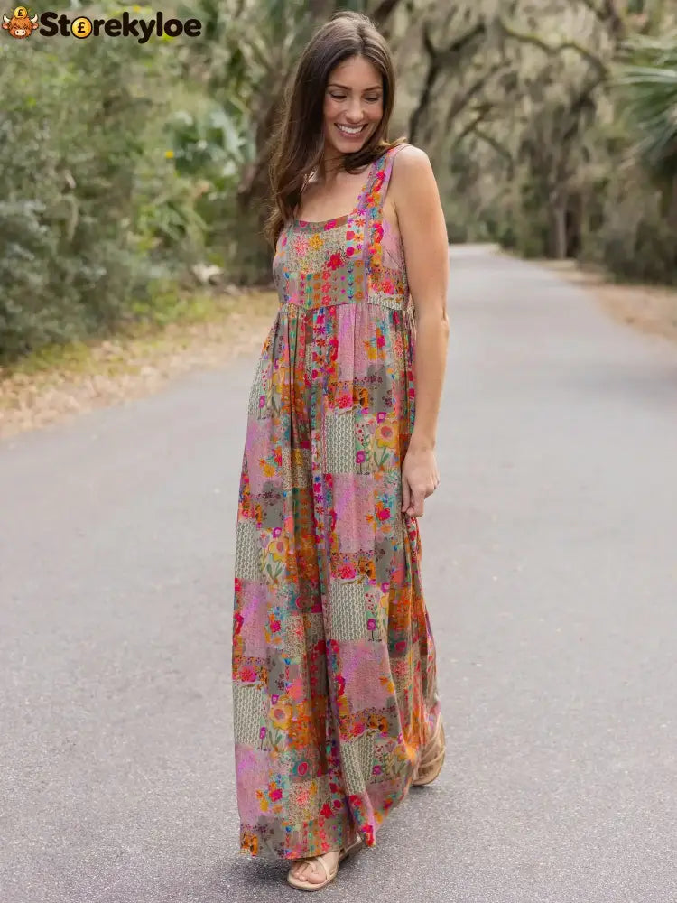 🌼 Boho Patchwork Floral Wide-Leg Jumpsuit (XL-5XL)