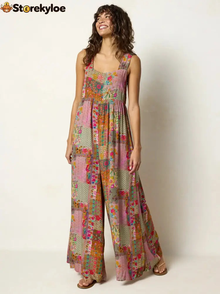 🌼 Boho Patchwork Floral Wide-Leg Jumpsuit (XL-5XL) - XL