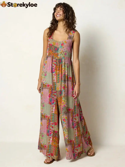 🌼 Boho Patchwork Floral Wide-Leg Jumpsuit (XL-5XL) - XL