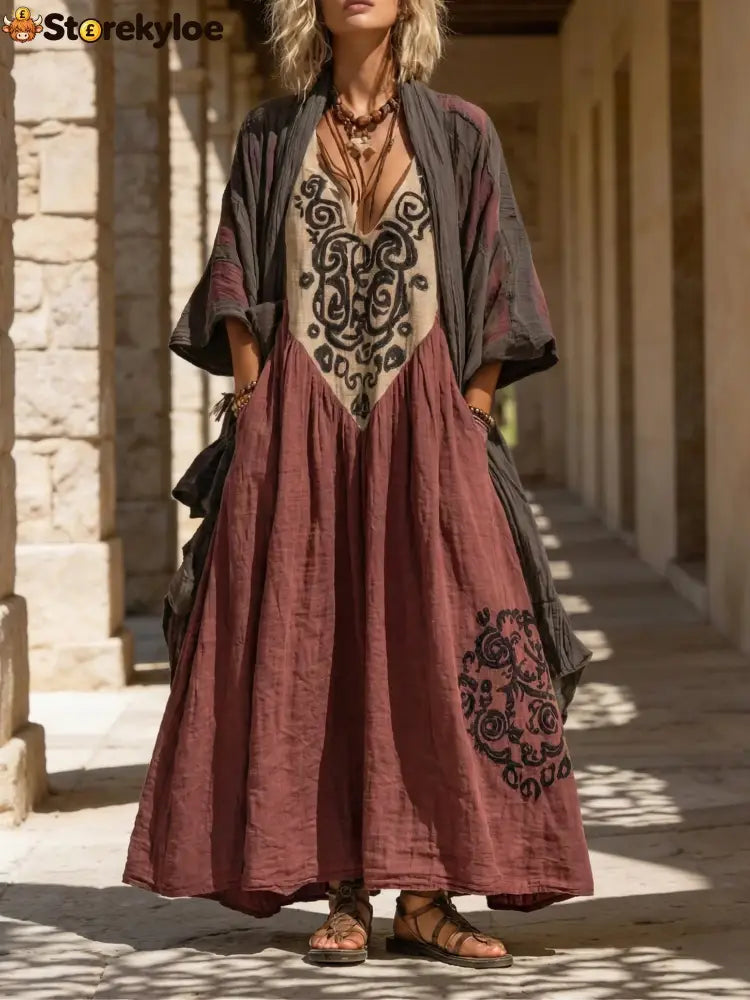 Boho Retro Loose Linen Cotton Two-piece Set - Wine / XS