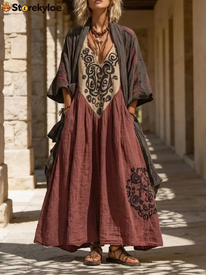 Boho Retro Loose Linen Cotton Two-piece Set - Wine / XS
