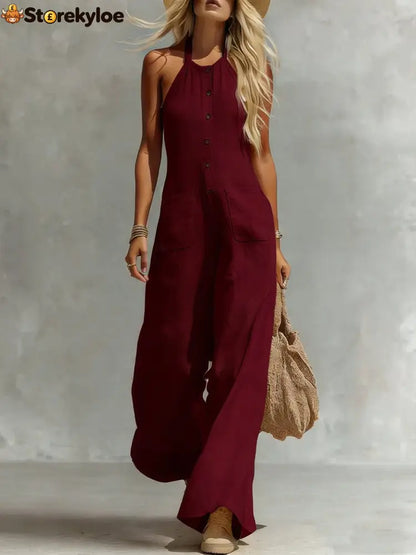 Breezy Halter Wide-Leg Jumpsuit - Burgundy / S