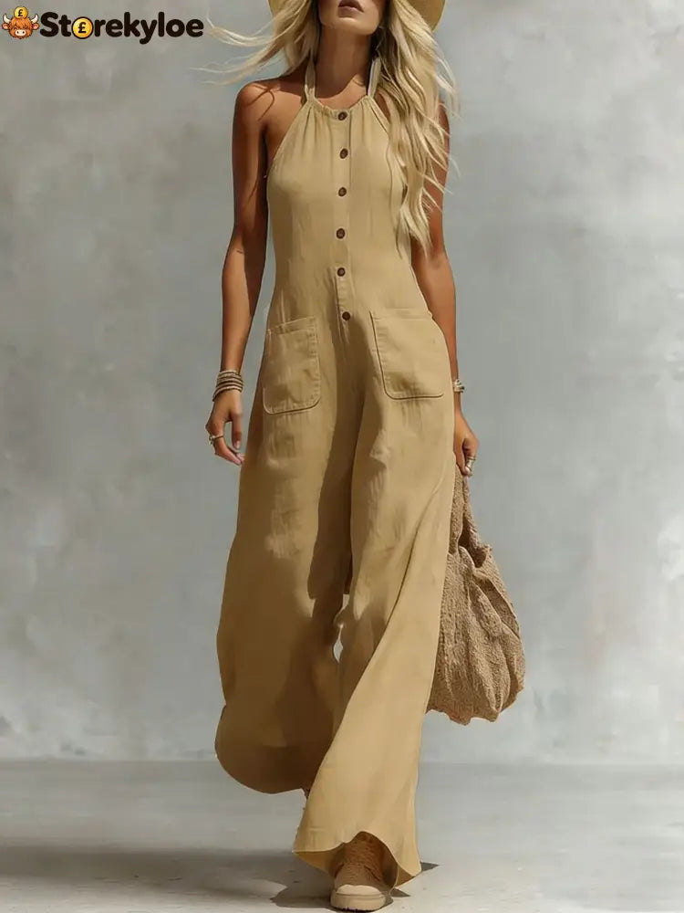 Breezy Halter Wide-Leg Jumpsuit - Khaki / S