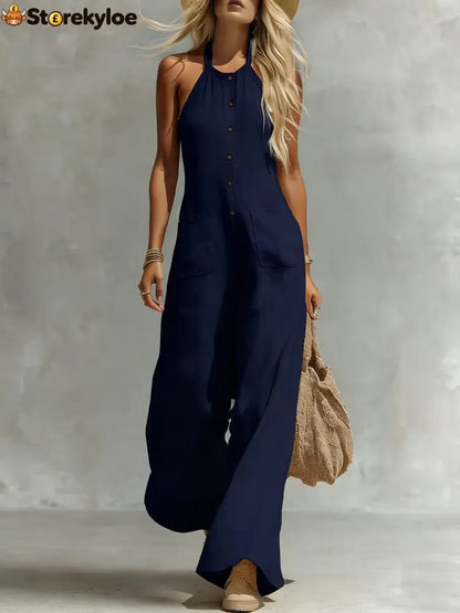 Breezy Halter Wide-Leg Jumpsuit - Navy blue / S