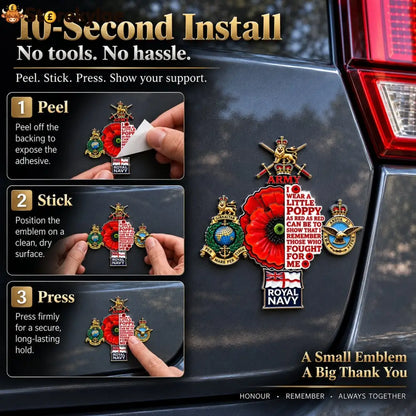 🌺 British Armed Forces “Lest We Forget” Remembrance Poppy Tribute Metal Car Emblem