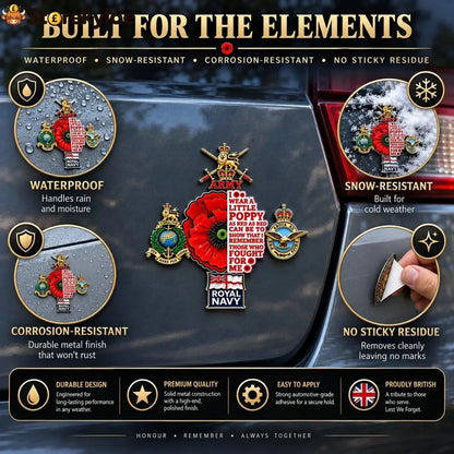 🌺 British Armed Forces “Lest We Forget” Remembrance Poppy Tribute Metal Car Emblem