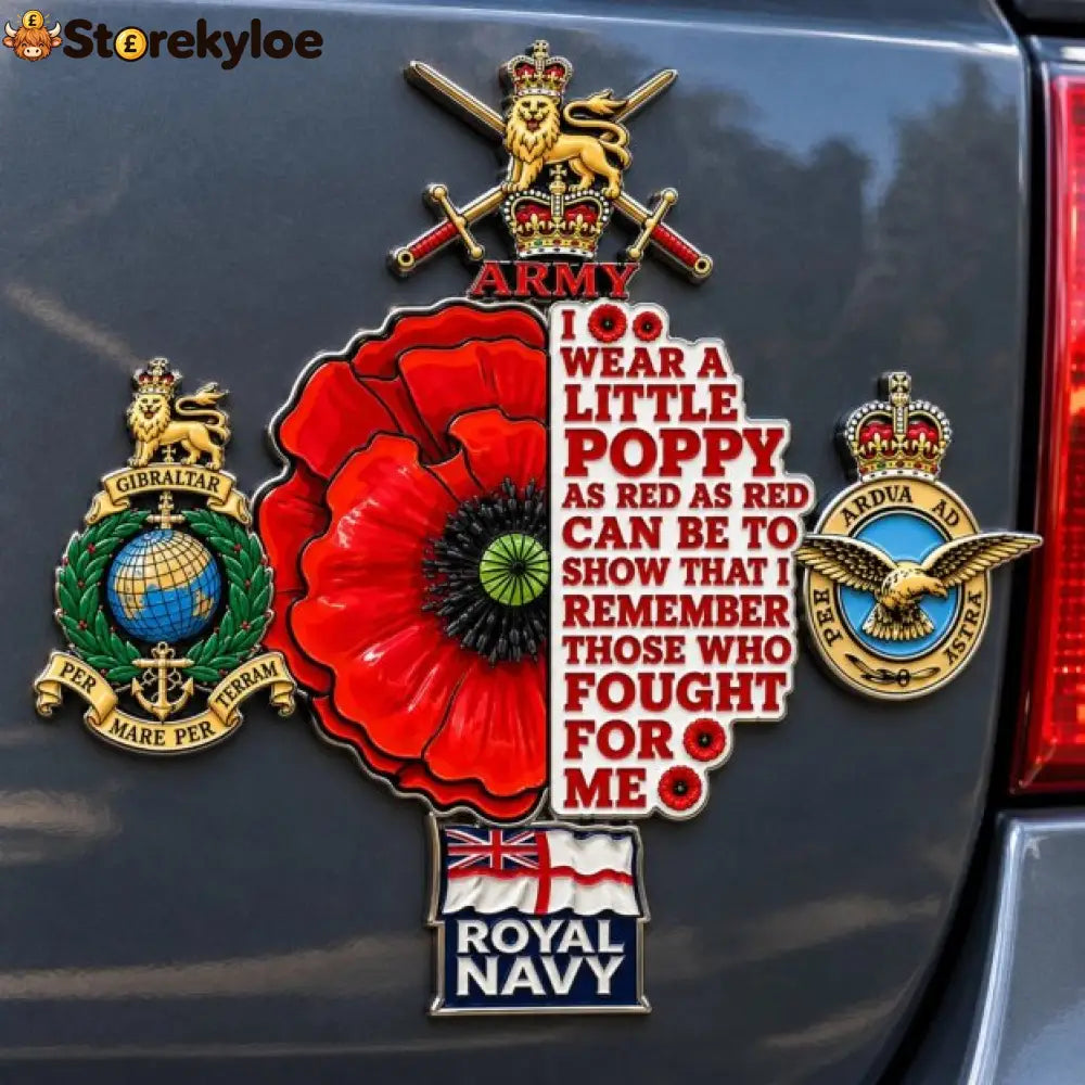 🌺 British Armed Forces “Lest We Forget” Remembrance Poppy Tribute Metal Car Emblem