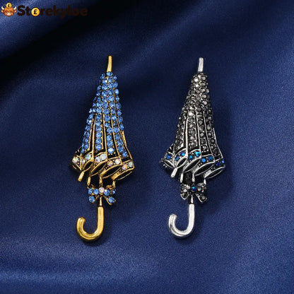 ☔british Style Umbrella Brooch Blue Crystal Rainy Day Pin For Elegant Gift