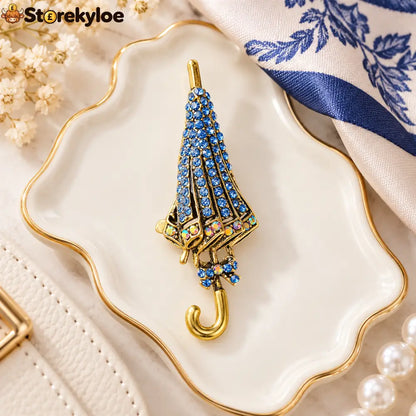 ☔british Style Umbrella Brooch Blue Crystal Rainy Day Pin For Elegant Gift