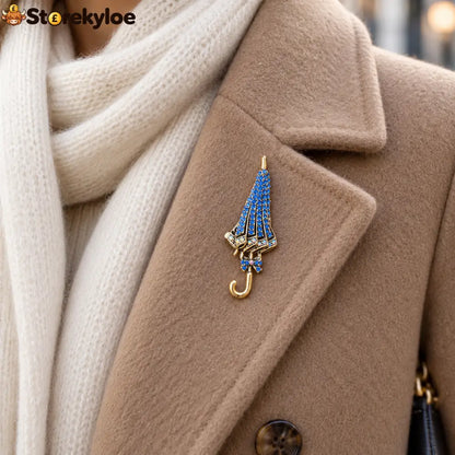 ☔british Style Umbrella Brooch Blue Crystal Rainy Day Pin For Elegant Gift