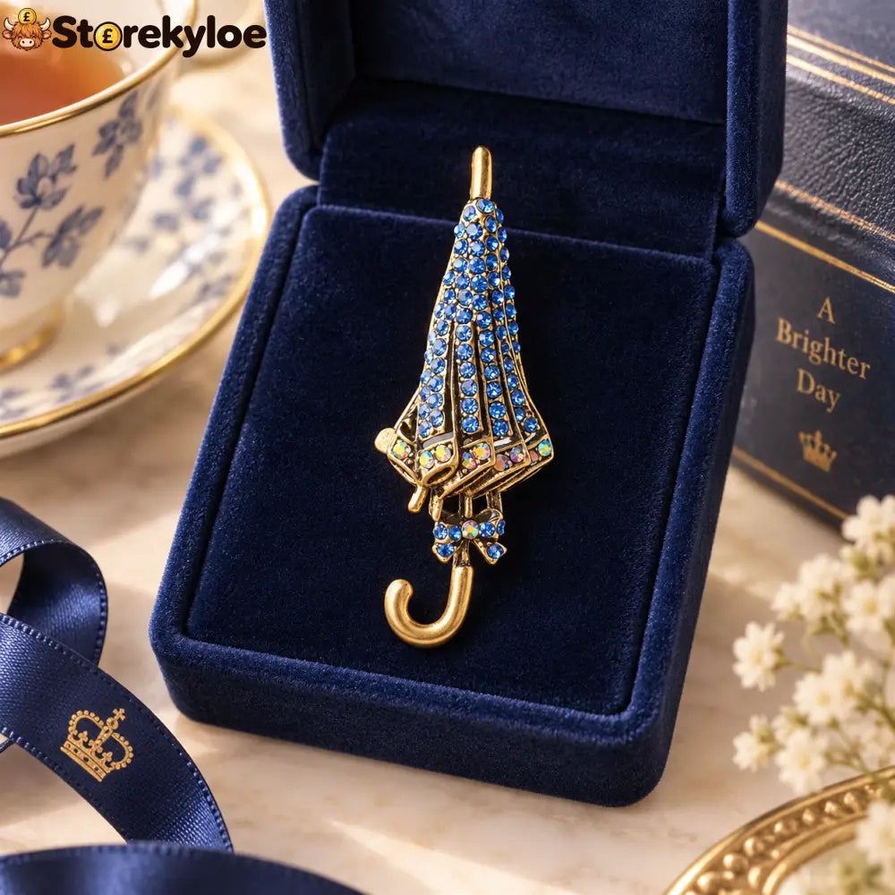 ☔british Style Umbrella Brooch Blue Crystal Rainy Day Pin For Elegant Gift