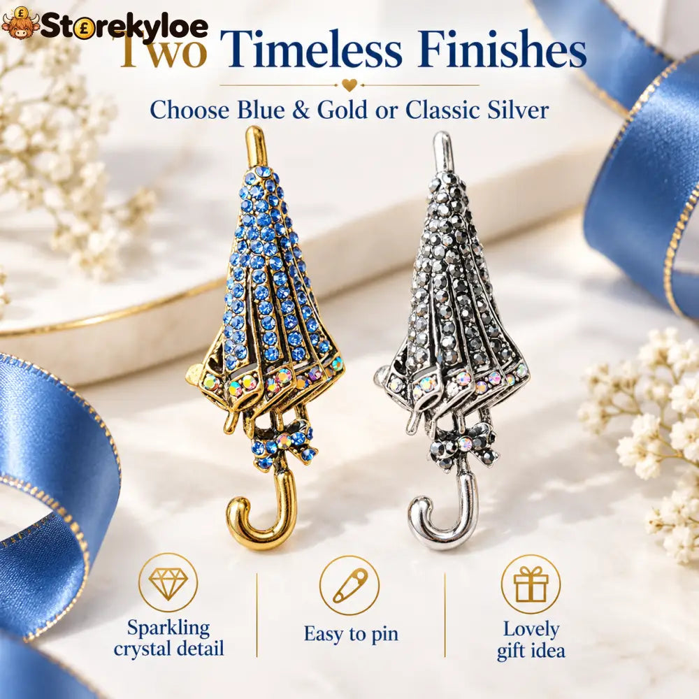 ☔british Style Umbrella Brooch Blue Crystal Rainy Day Pin For Elegant Gift - Full Set