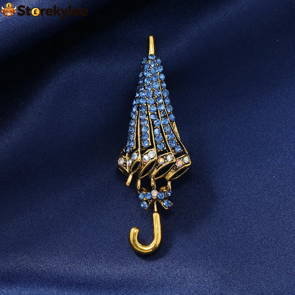 ☔british Style Umbrella Brooch Blue Crystal Rainy Day Pin For Elegant Gift - Gold Blue