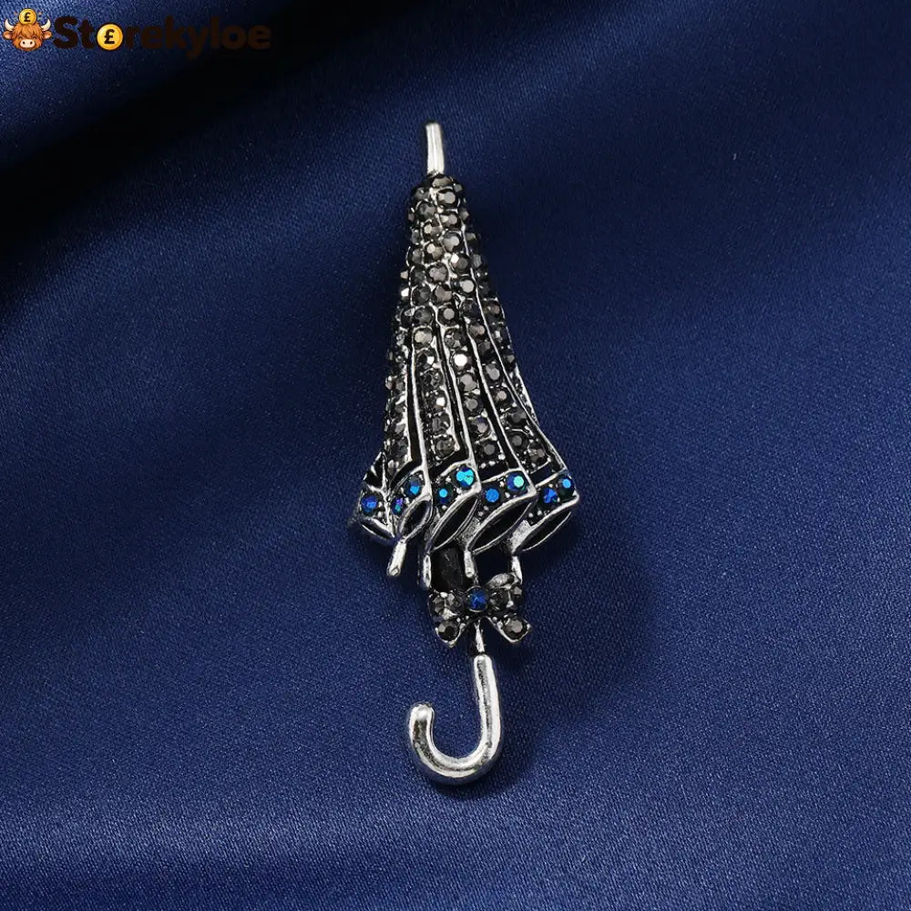 ☔british Style Umbrella Brooch Blue Crystal Rainy Day Pin For Elegant Gift - Silver Black
