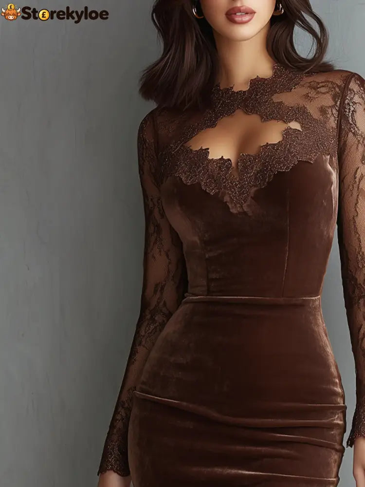 Brown Vintage Keyhole Neckline Lace Sleeve Velvet Mini Dress